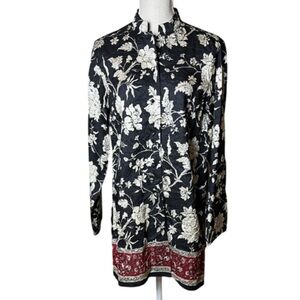 GO SILK Beautiful Floral Black / White / Red Long Sleeve Tunic Top - M